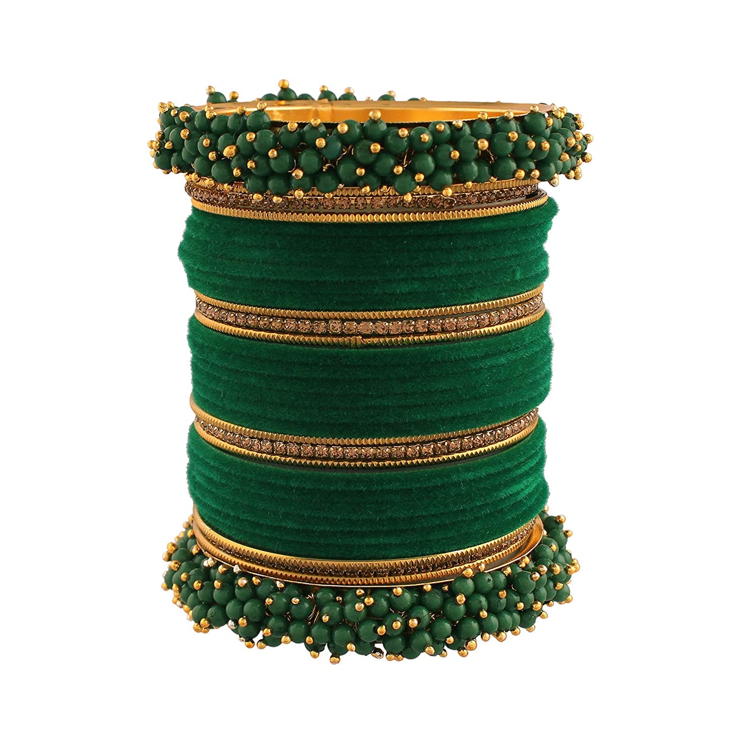Gold-Polished Alloy Designer Green Velvet Bangle Set - The Pari