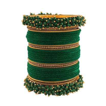 Gold-Polished Alloy Designer Green Velvet Bangle Set - The Pari