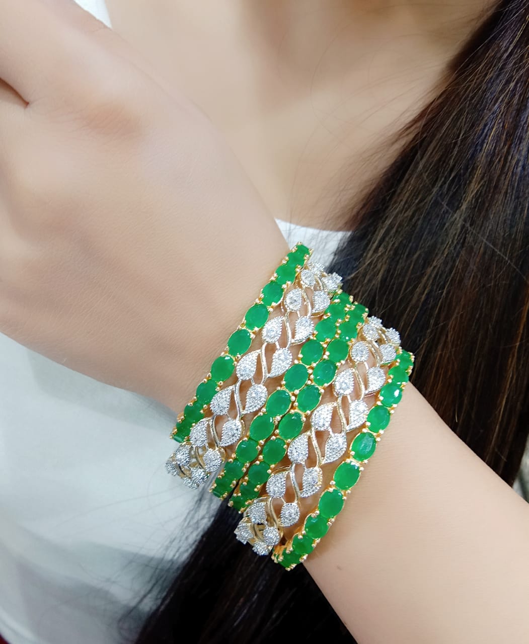 Gold-Polished Alloy American Diamond Combo Of Green & Silver Bangles - The Pari