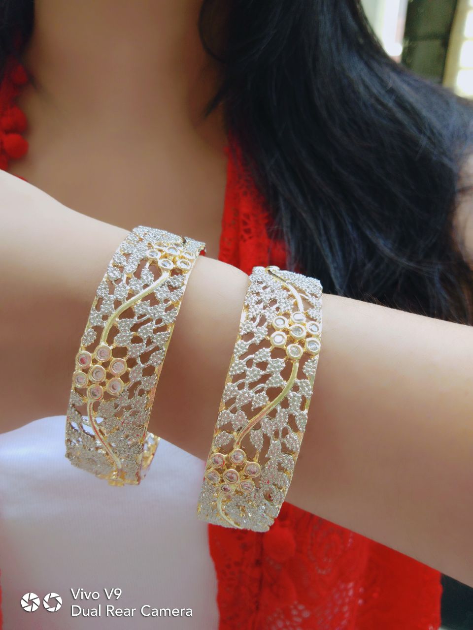 Gold-Polished Alloy Designer American Diamond Bangle Set - The Pari