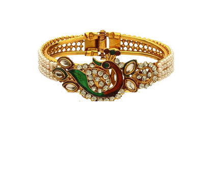 Gold-Polished Alloy Pearl Studded Peacock Enamel Bangle - The Pari