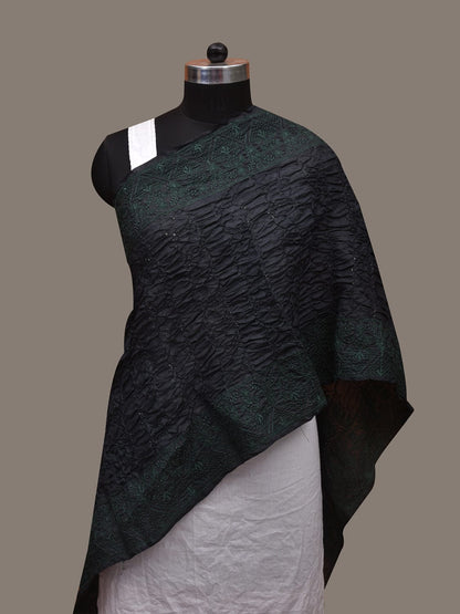 Black Bandhani Tussar Stole with Embroidary Work Design - Global Threads