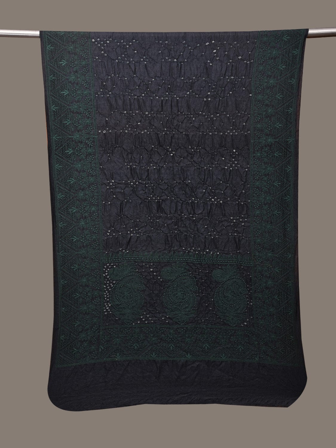 Black Bandhani Tussar Stole with Embroidary Work Design - Global Threads