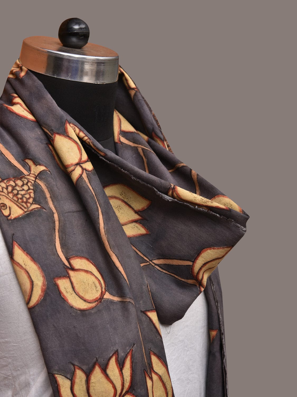 Black Kalamkari Hand Painted Sico Dupatta with Lotus and Fish Design - Global Threads