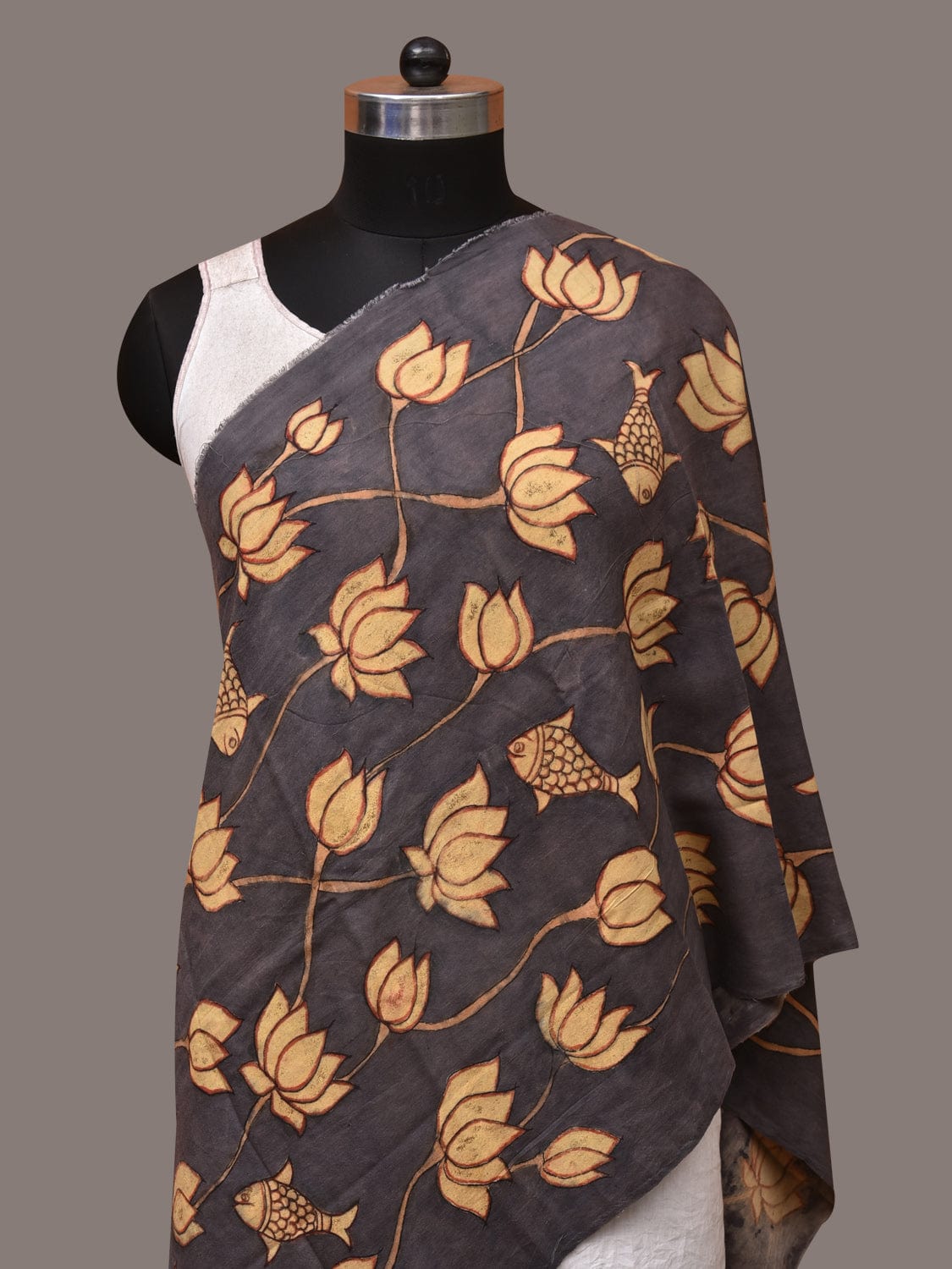 Black Kalamkari Hand Painted Sico Dupatta with Lotus and Fish Design - Global Threads