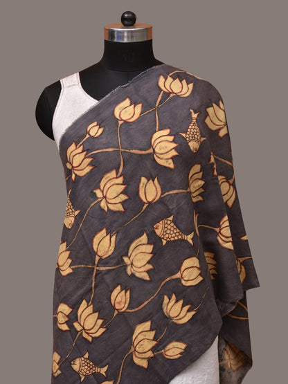 Black Kalamkari Hand Painted Sico Dupatta with Lotus and Fish Design - Global Threads