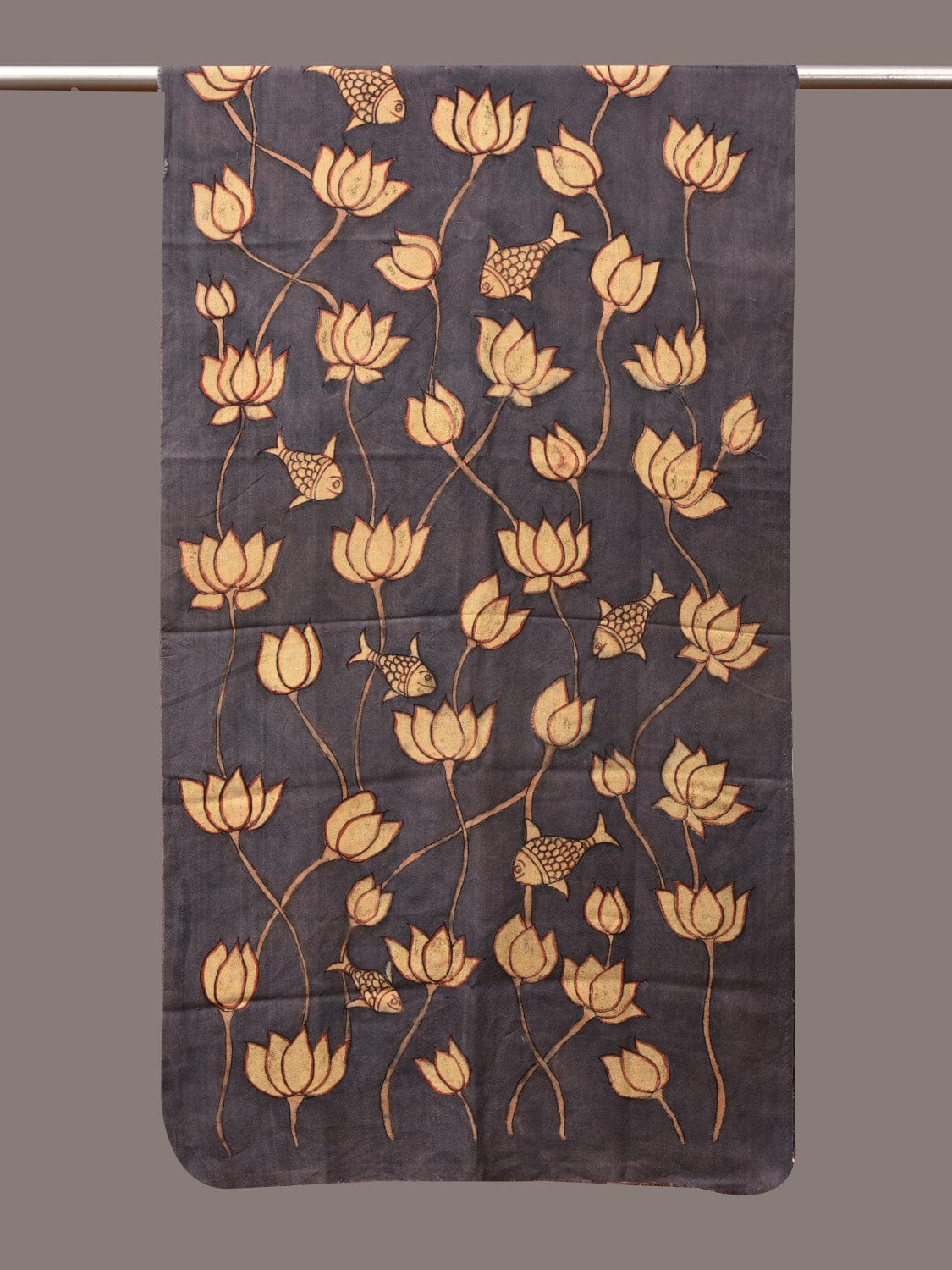 Black Kalamkari Hand Painted Sico Dupatta with Lotus and Fish Design - Global Threads