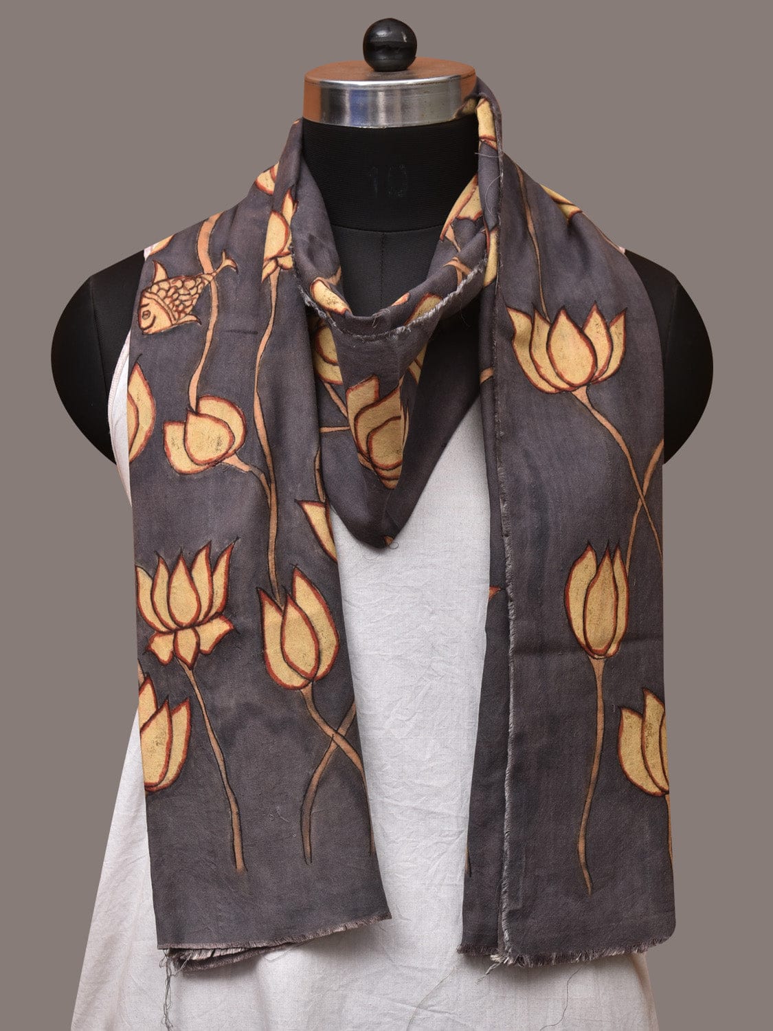 Black Kalamkari Hand Painted Sico Dupatta with Lotus and Fish Design - Global Threads