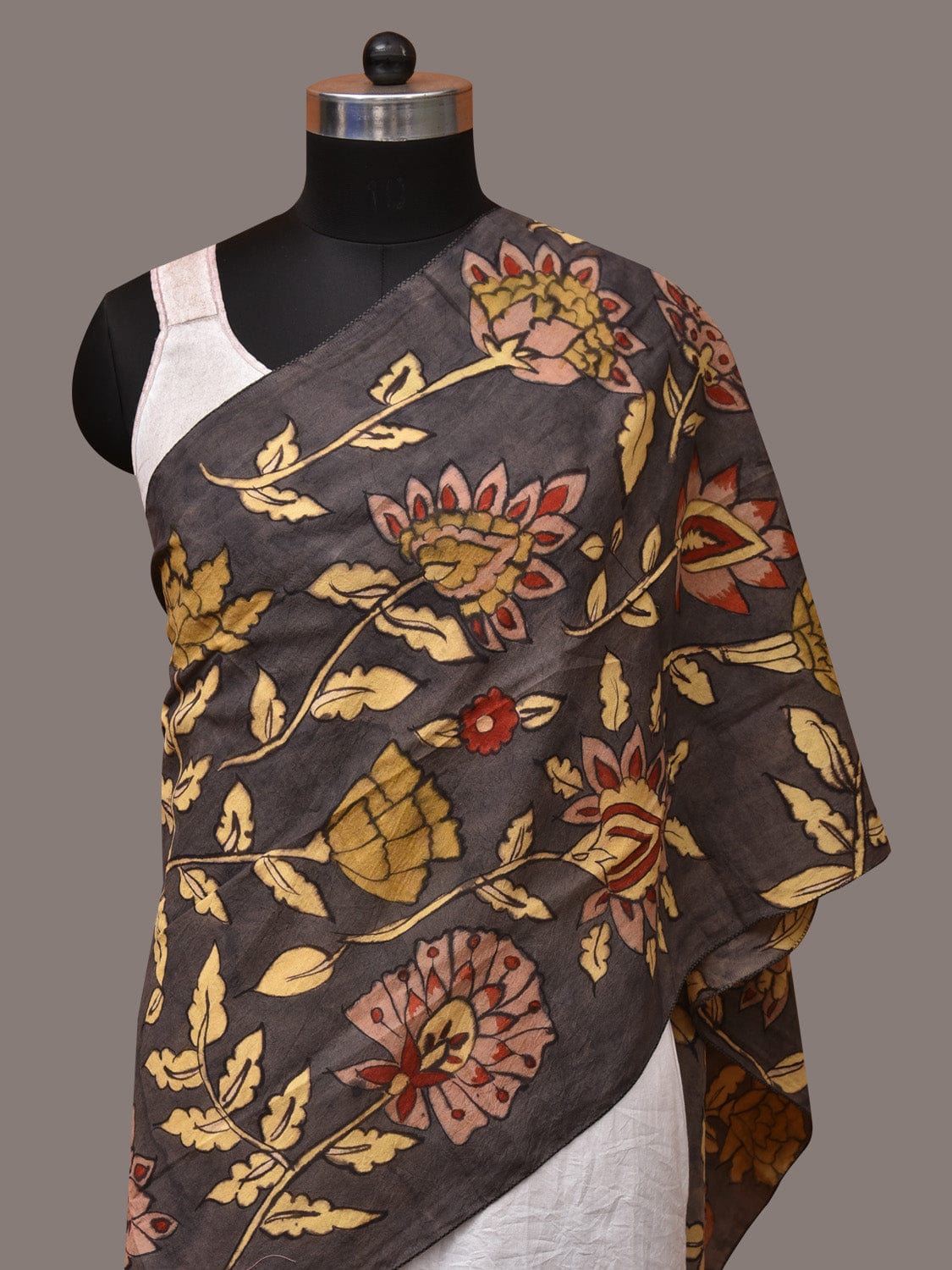 Black Kalamkari Hand Painted Sico Stole with Floral Design - Global Threads