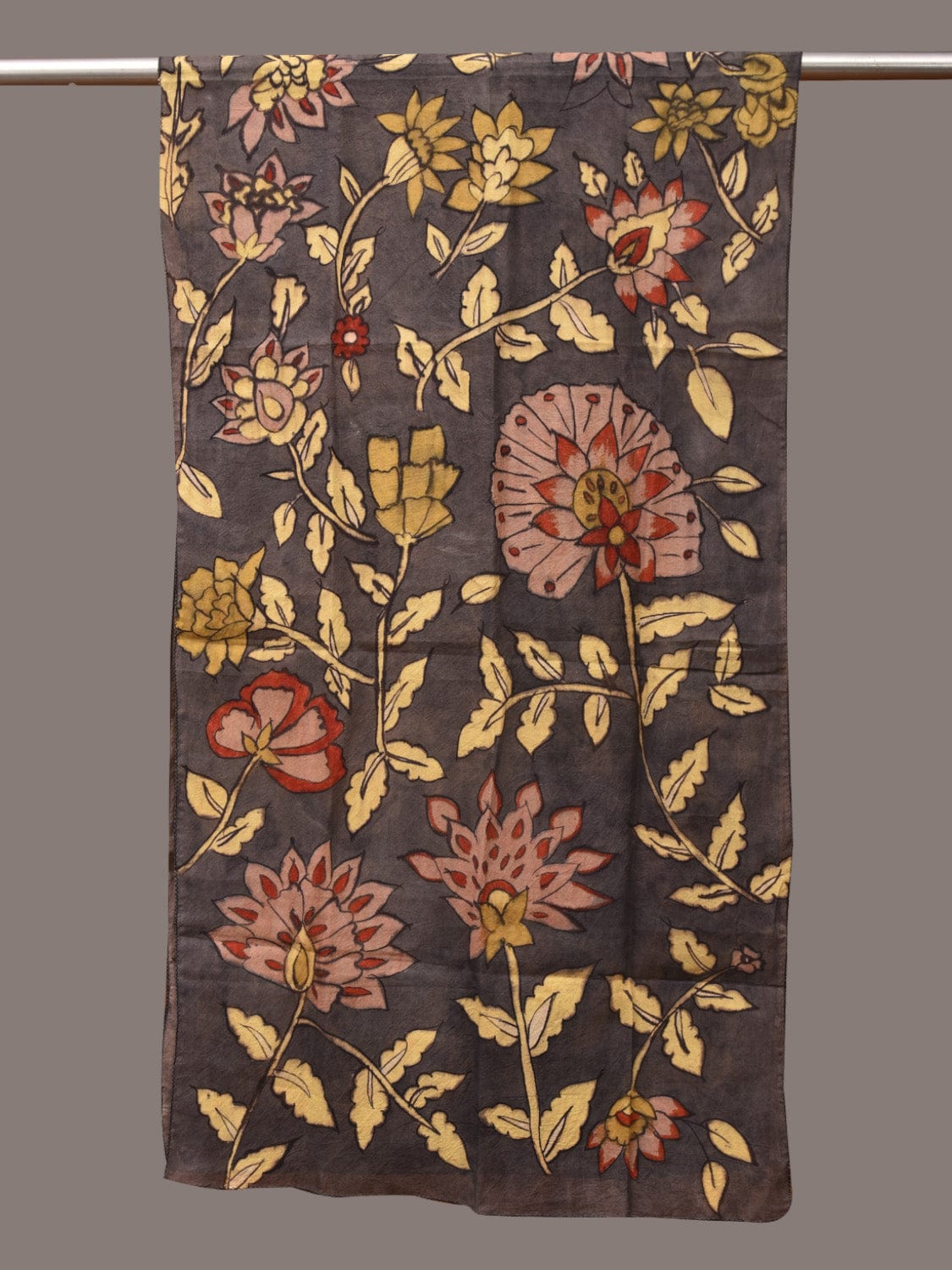 Black Kalamkari Hand Painted Sico Stole with Floral Design - Global Threads