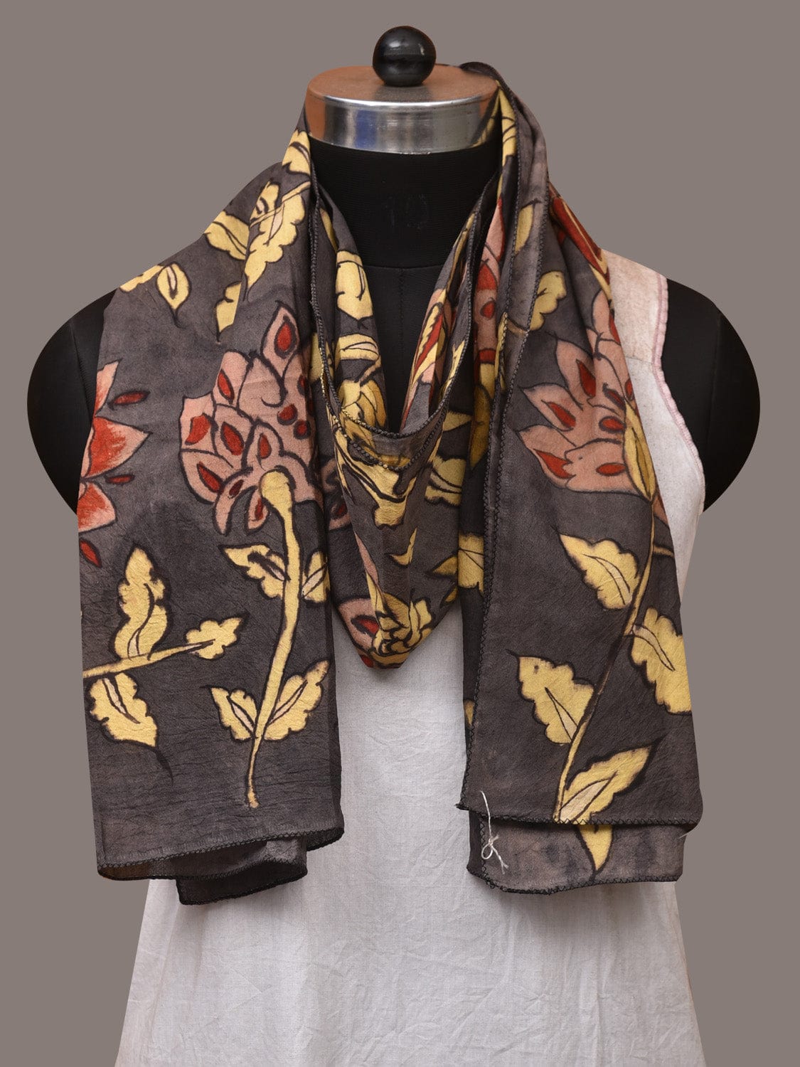 Black Kalamkari Hand Painted Sico Stole with Floral Design - Global Threads