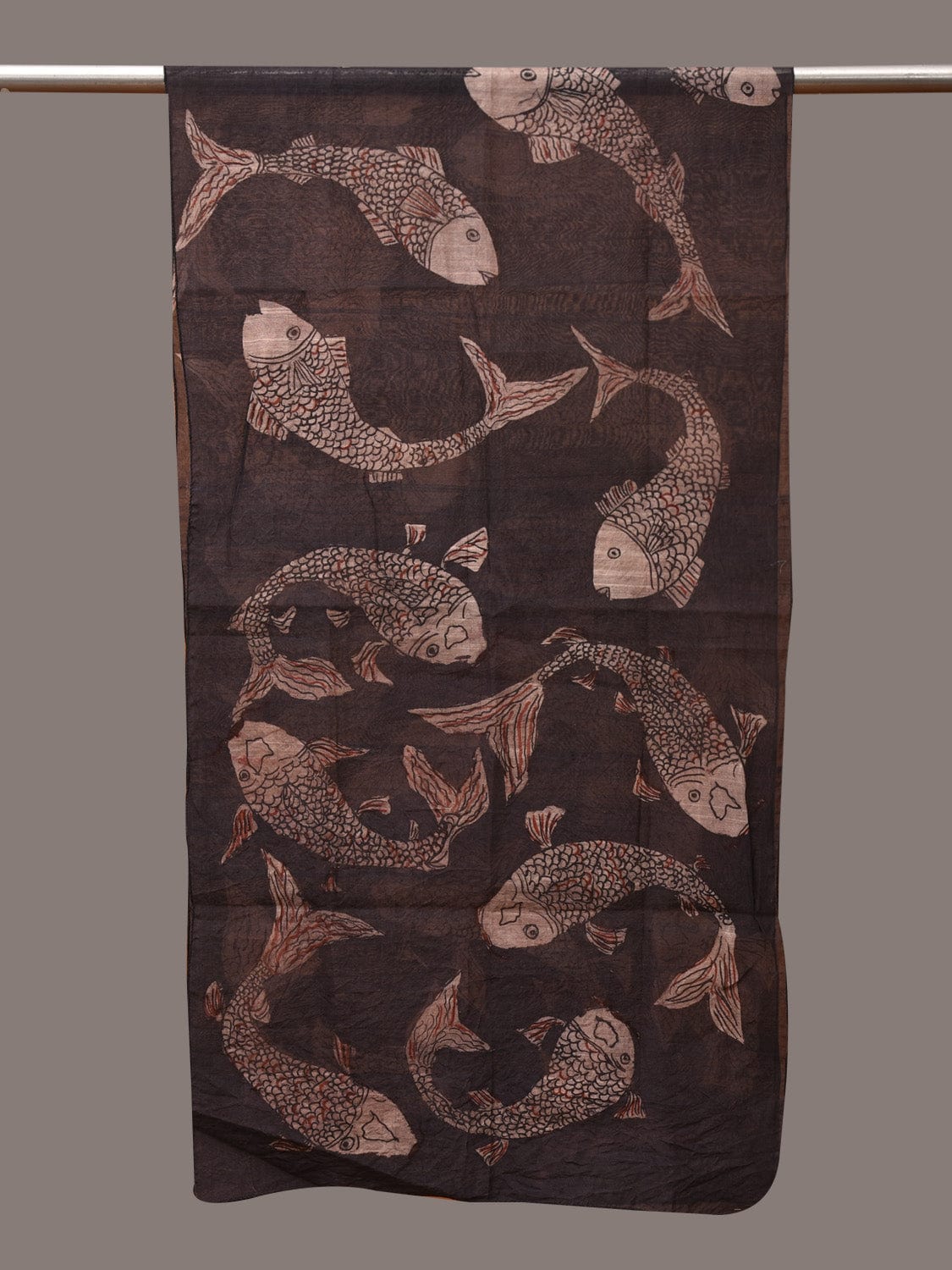 Black Kalamkari Hand Painted Tussar Cotton Handloom Stole with Fishes Design - Global Threads