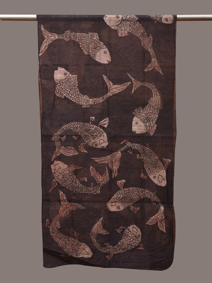 Black Kalamkari Hand Painted Tussar Cotton Handloom Stole with Fishes Design - Global Threads