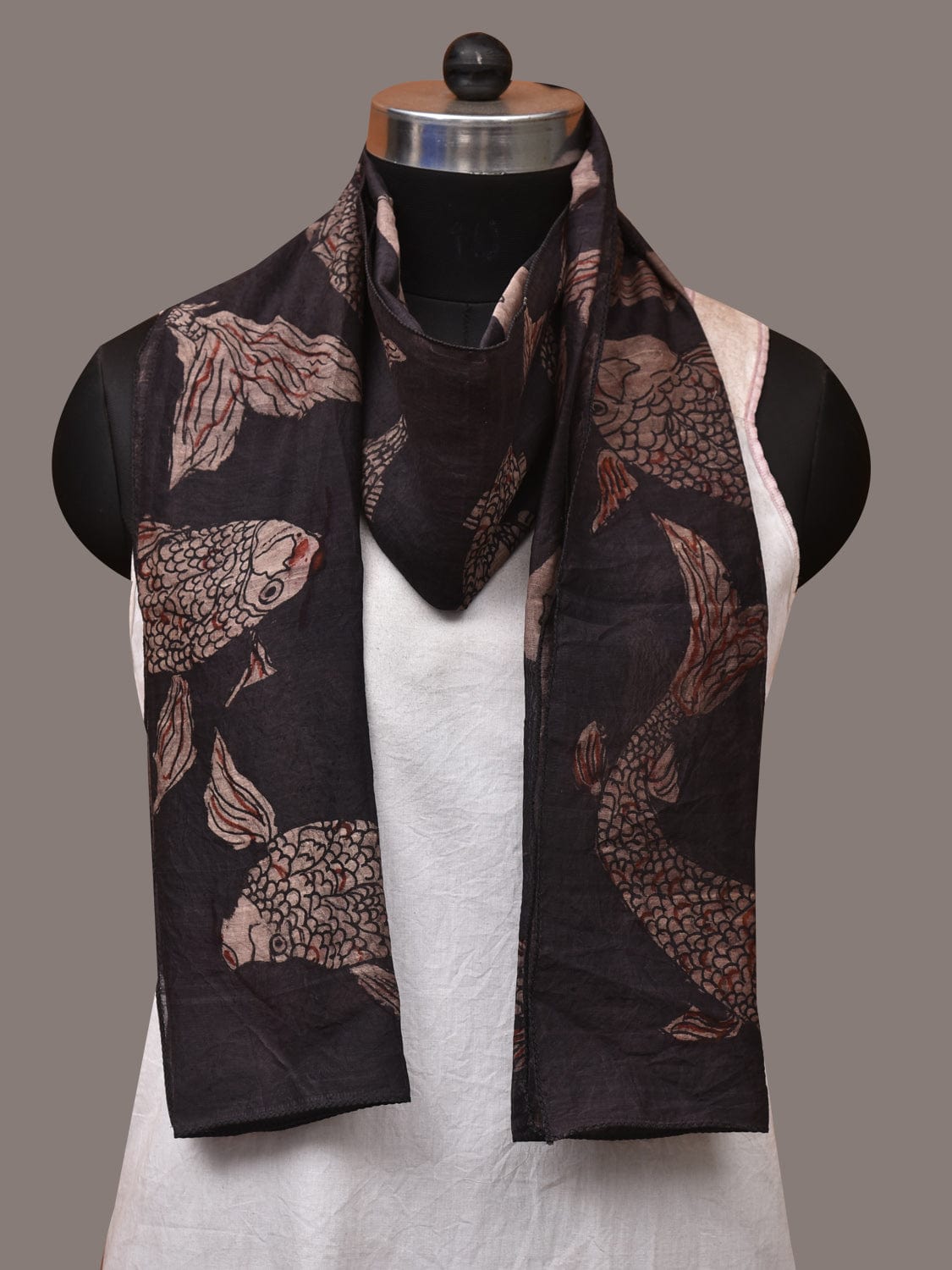 Black Kalamkari Hand Painted Tussar Cotton Handloom Stole with Fishes Design - Global Threads
