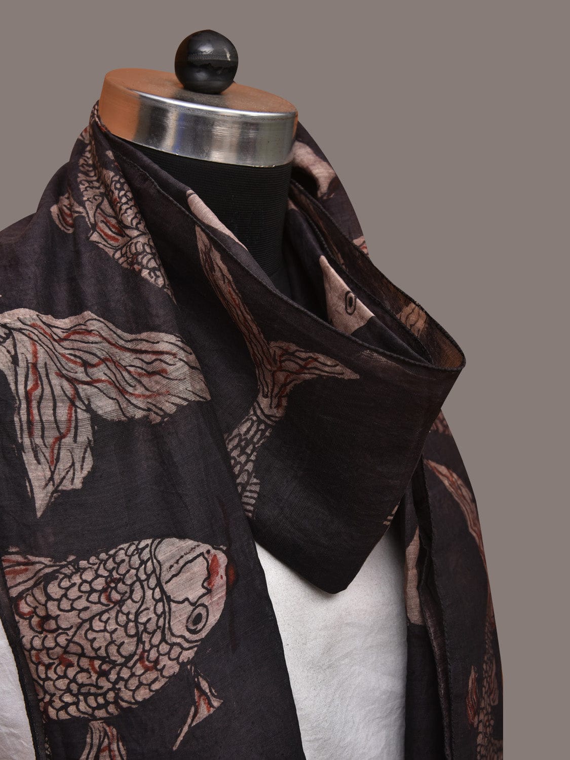 Black Kalamkari Hand Painted Tussar Cotton Handloom Stole with Fishes Design - Global Threads