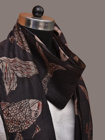Black Kalamkari Hand Painted Tussar Cotton Handloom Stole with Fishes Design - Global Threads