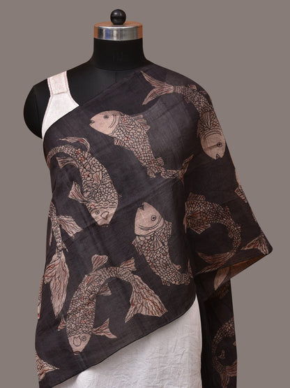 Black Kalamkari Hand Painted Tussar Cotton Handloom Stole with Fishes Design - Global Threads
