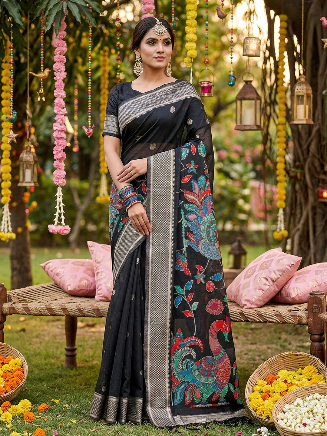 Anaita Black Linen Cotton Woven Saree With Blouse