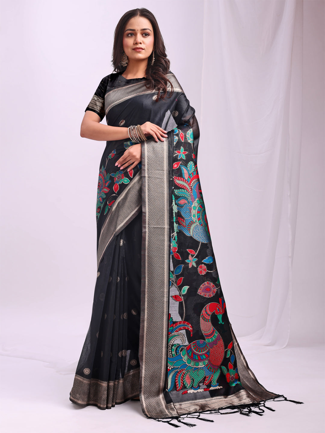 Anaita Black Linen Cotton Woven Saree With Blouse