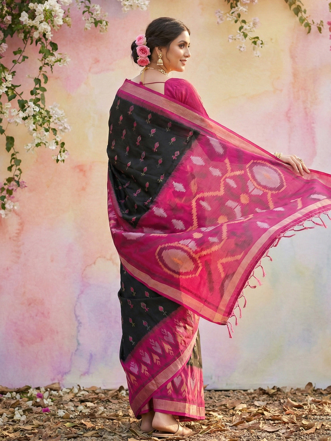 Anaita Black Soft Silk Printed Saree With Blouse