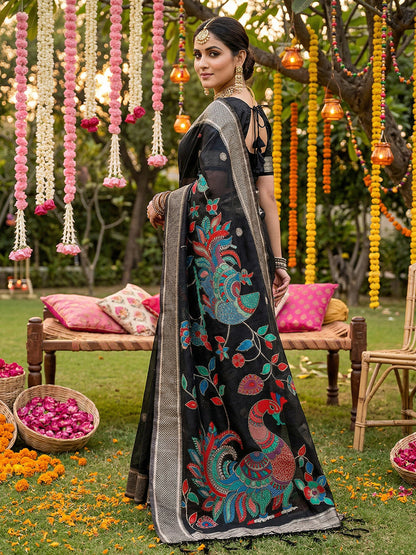 Anaita Black Linen Cotton Woven Saree With Blouse