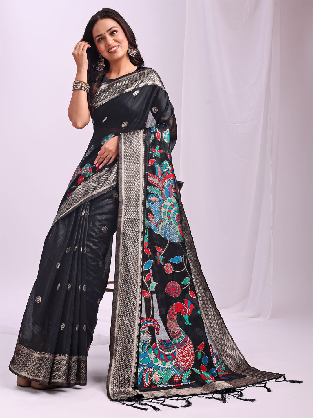 Anaita Black Linen Cotton Woven Saree With Blouse