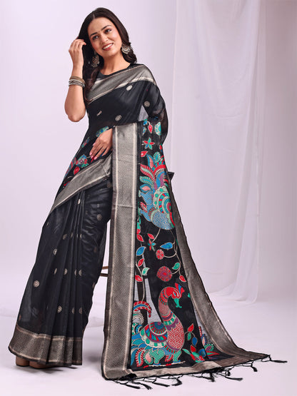 Anaita Black Linen Cotton Woven Saree With Blouse