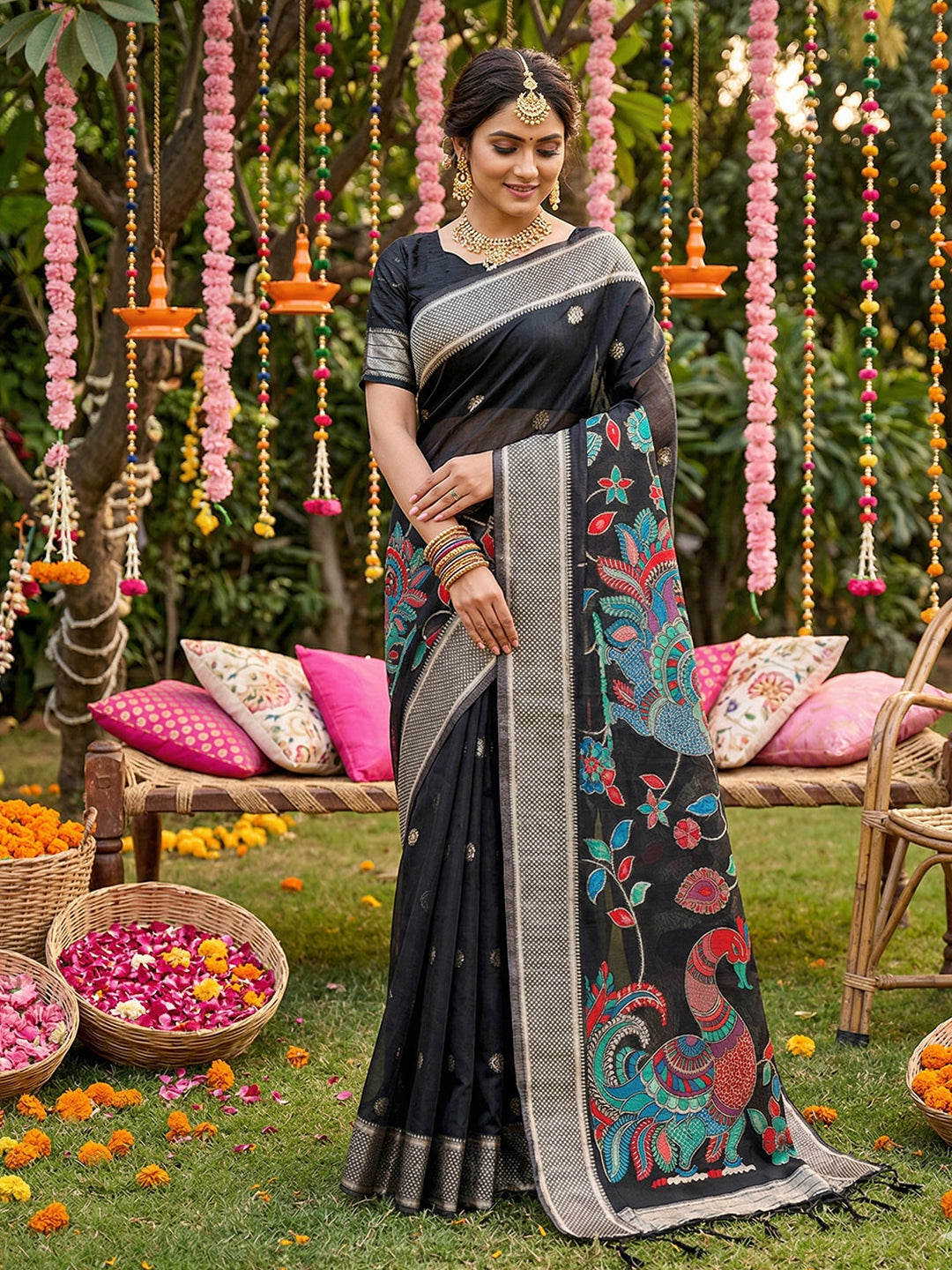 Anaita Black Linen Cotton Woven Saree With Blouse