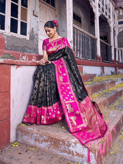 Anaita Black Soft Silk Woven Saree With Blouse
