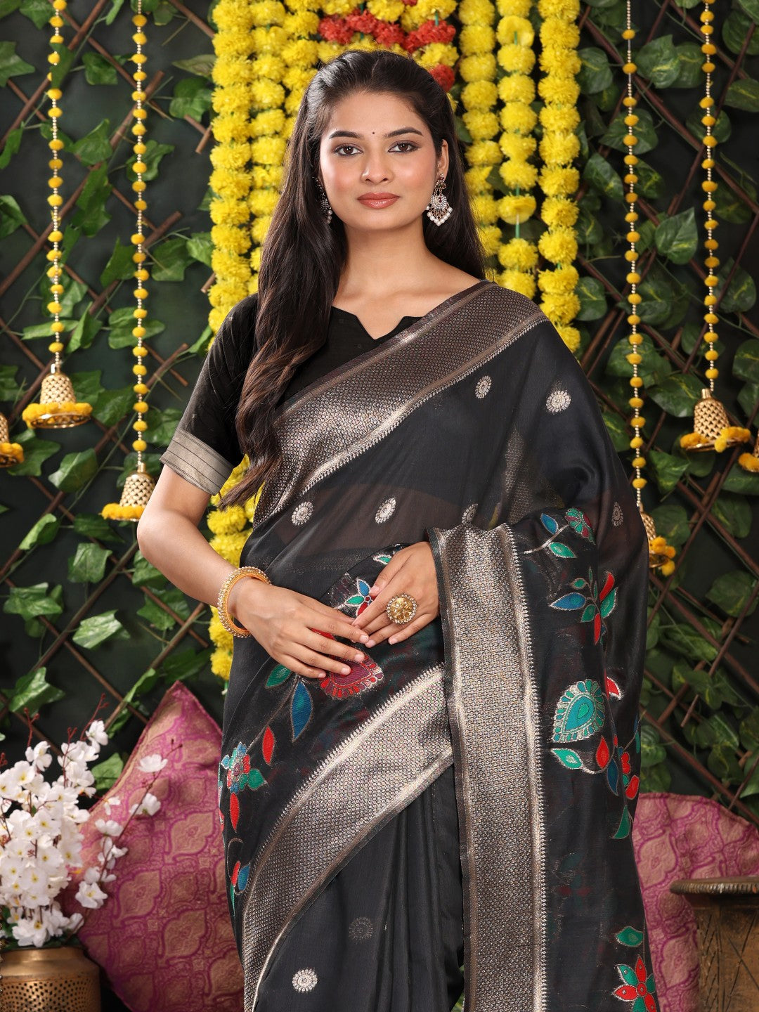 Anaita Black Linen Cotton Woven Saree With Blouse