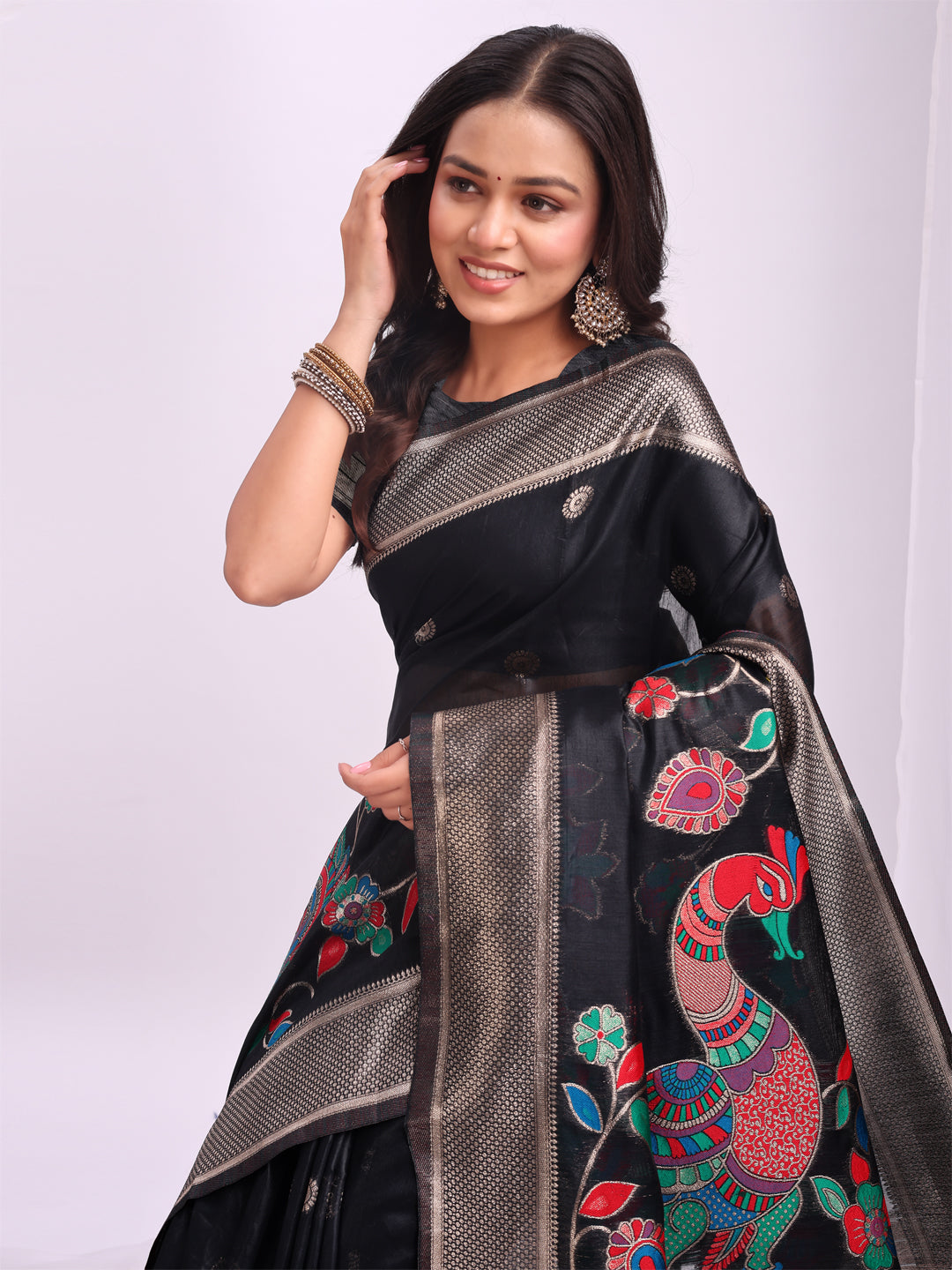 Anaita Black Linen Cotton Woven Saree With Blouse