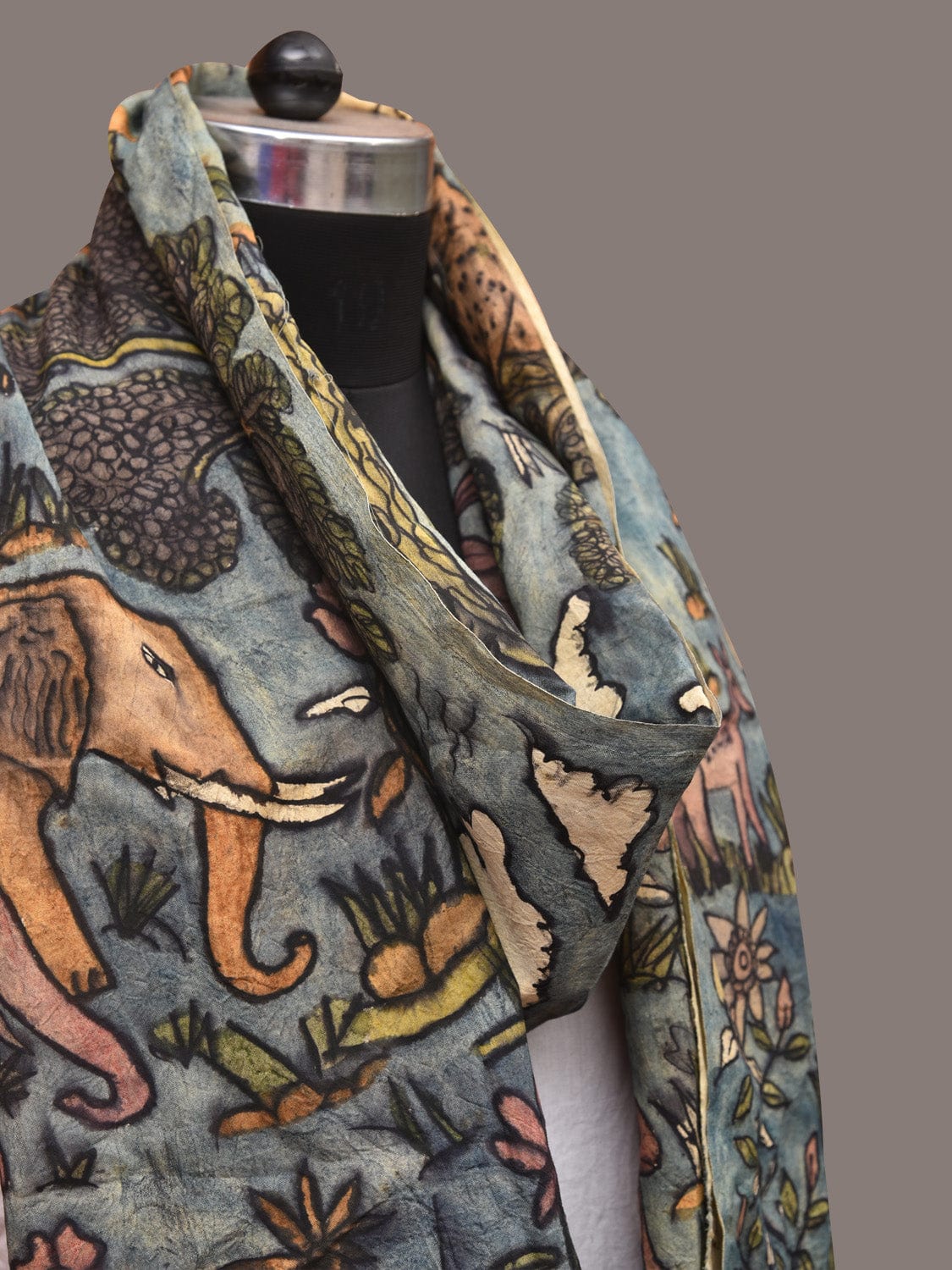 Blue Kalamkari Hand Painted Sico Stole with Animals Design - Global Threads