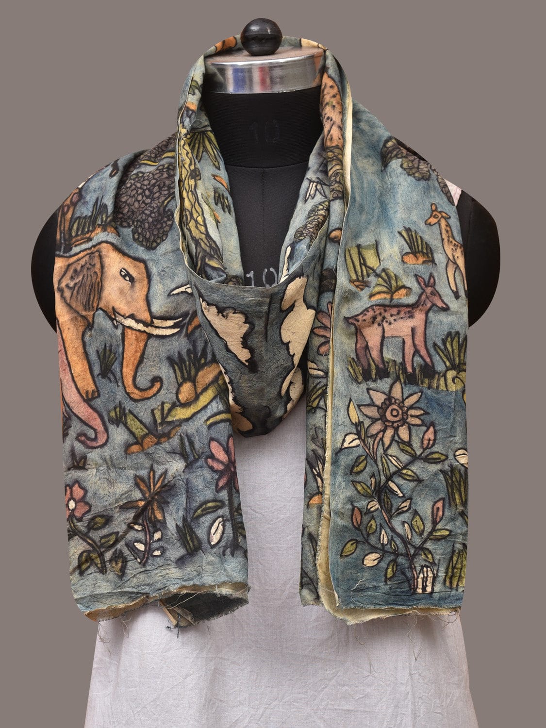 Blue Kalamkari Hand Painted Sico Stole with Animals Design - Global Threads