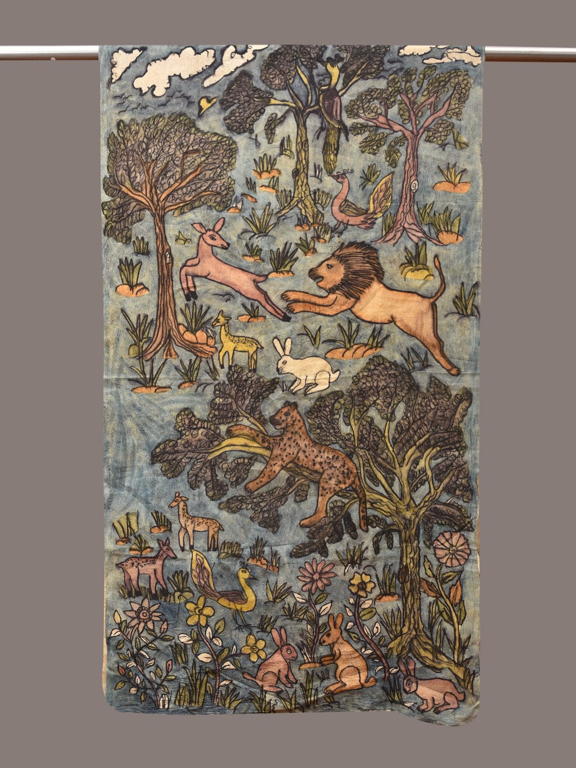 Blue Kalamkari Hand Painted Sico Stole with Animals Design - Global Threads