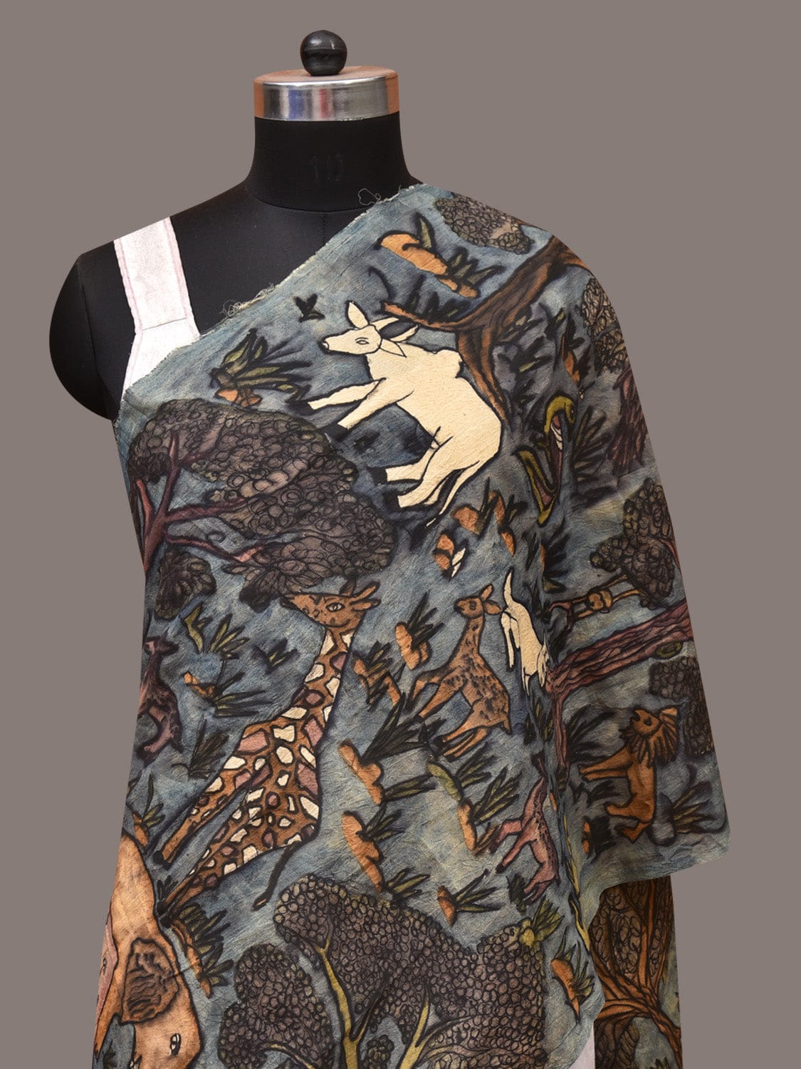Blue Kalamkari Hand Painted Sico Stole with Animals Design - Global Threads