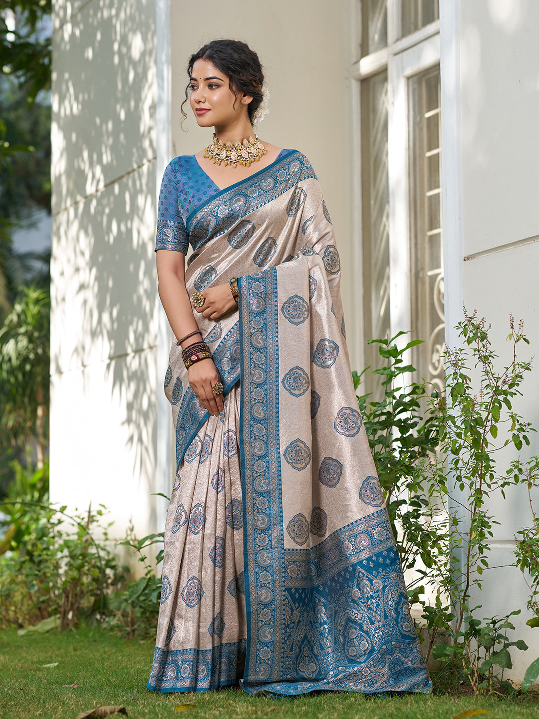 Anaita Blue Silk Blend Woven Saree With Blouse