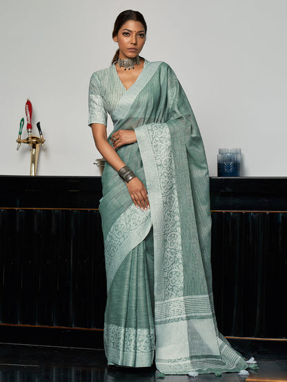 Anaita Blue Linen Zari Work Saree With Blouse
