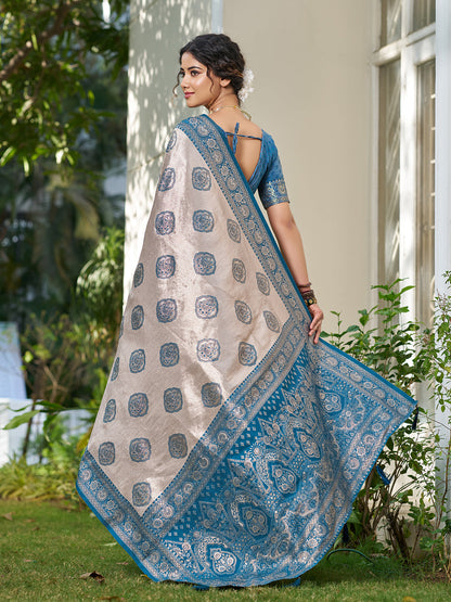 Anaita Blue Silk Blend Woven Saree With Blouse