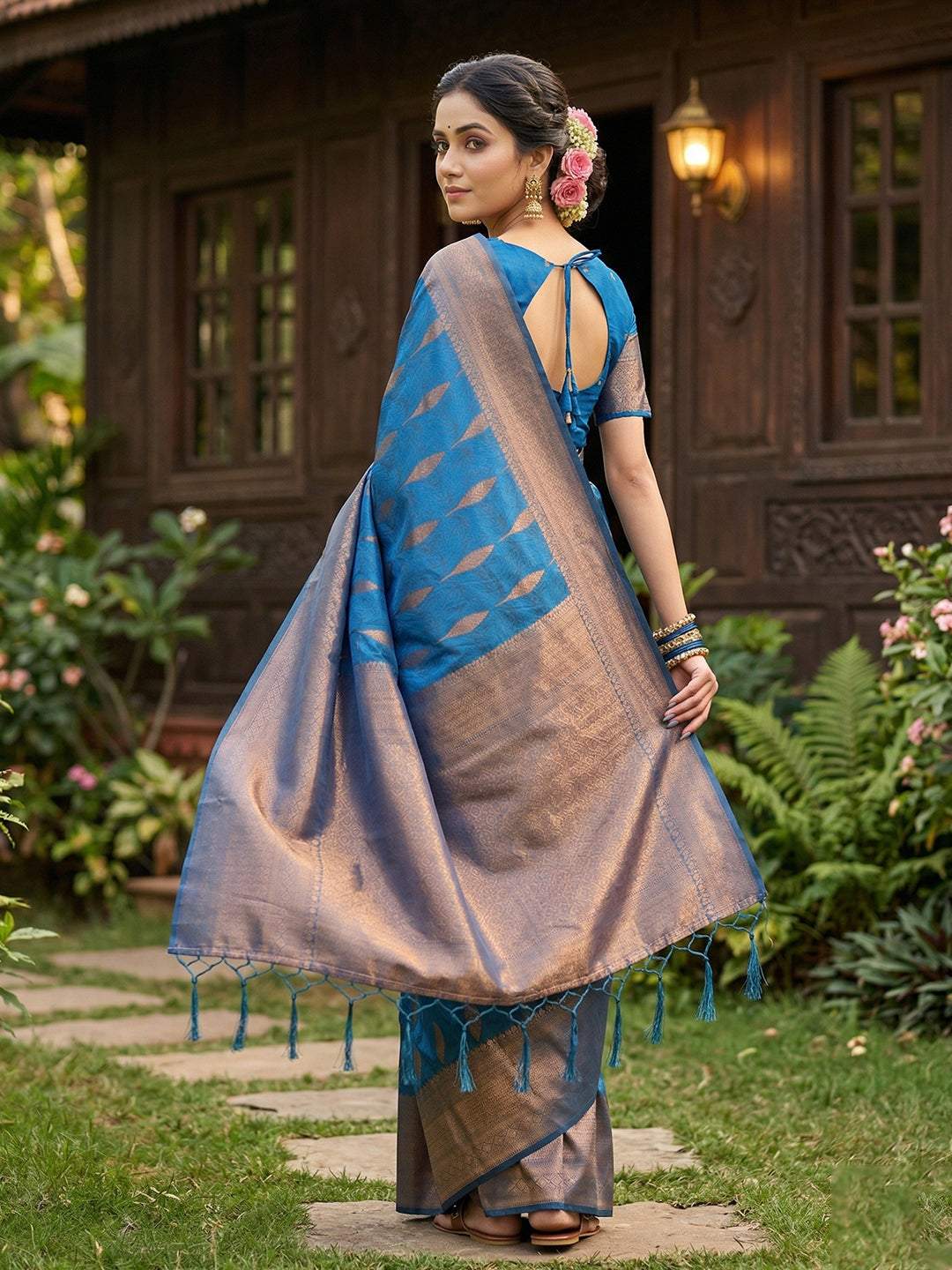 Anaita Blue Silk Blend Woven Saree With Blouse