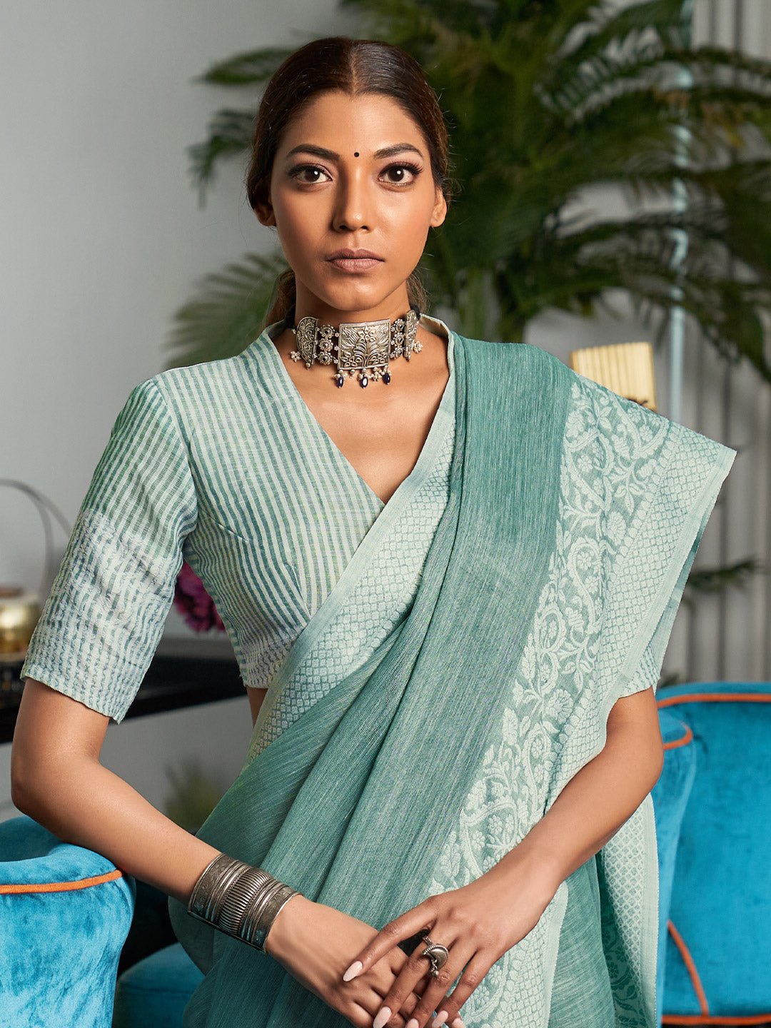 Anaita Blue Linen Zari Work Saree With Blouse