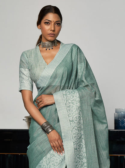 Anaita Blue Linen Zari Work Saree With Blouse