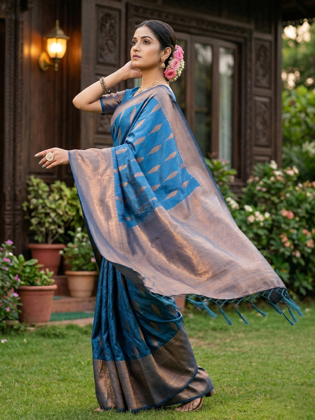 Anaita Blue Silk Blend Woven Saree With Blouse