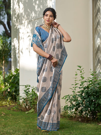 Anaita Blue Silk Blend Woven Saree With Blouse