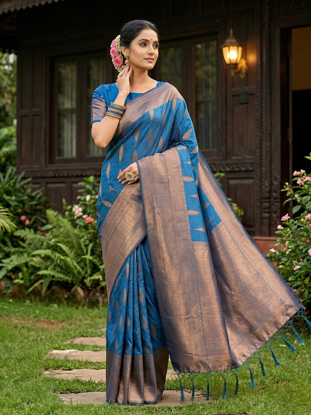 Anaita Blue Silk Blend Woven Saree With Blouse