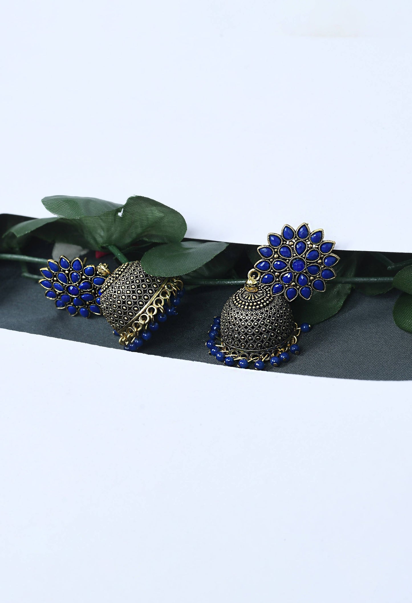 Mominos Fashion Johar Kamal Kundan Work Jhumka With Blue Beads For Women