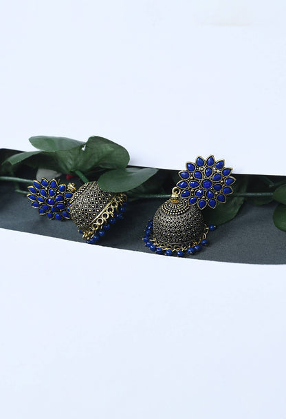 Mominos Fashion Johar Kamal Kundan Work Jhumka With Blue Beads For Women