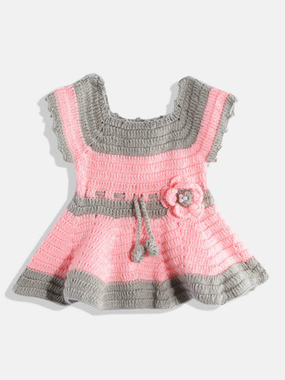 Chutput Kids Woollen Hand Knitted Short Sleeves Flower Detail Dress For Baby Girls - Pink