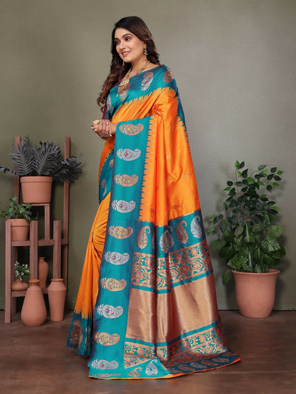 Joban Fashion Banarasi Orange Butti Soft Silk Saree
