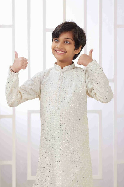 Raivat Ethnic Art Silk Embroidery Work Kids Kurta Pajama In Cream Colour