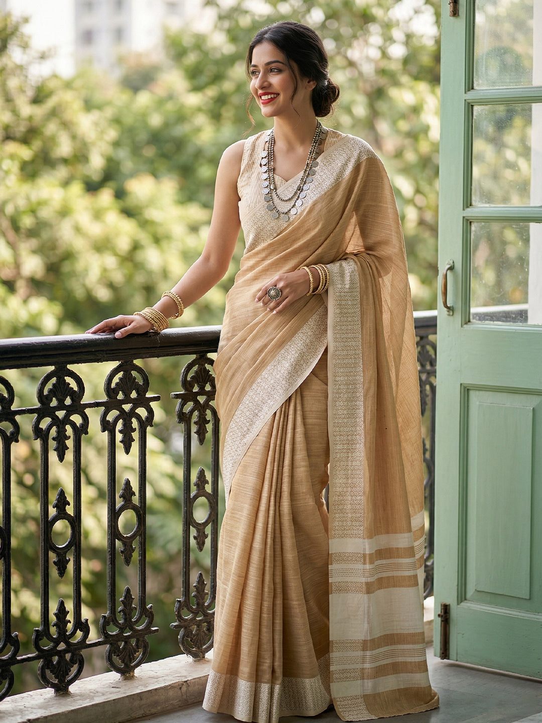 Anaita Brown Linen Zari Work Saree With Blouse